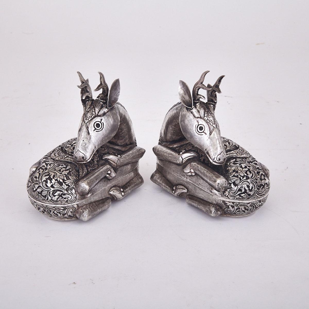 Pair of Burmese Silver Recumbent Deer Form Boxes, 20th Century