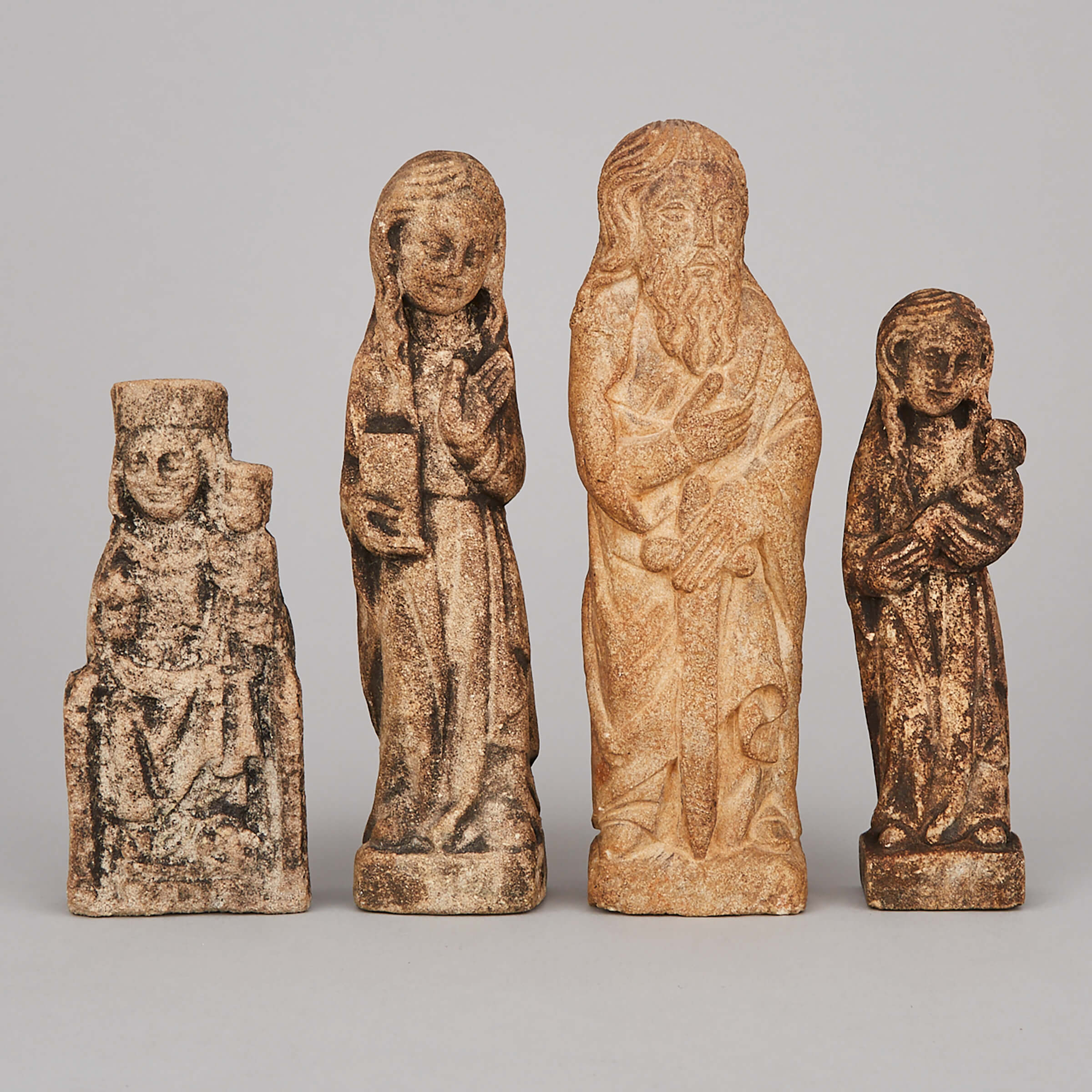 Four Anglo-Saxon Romanesque Style Sandstone Liturgical Niche Figures, 19th century