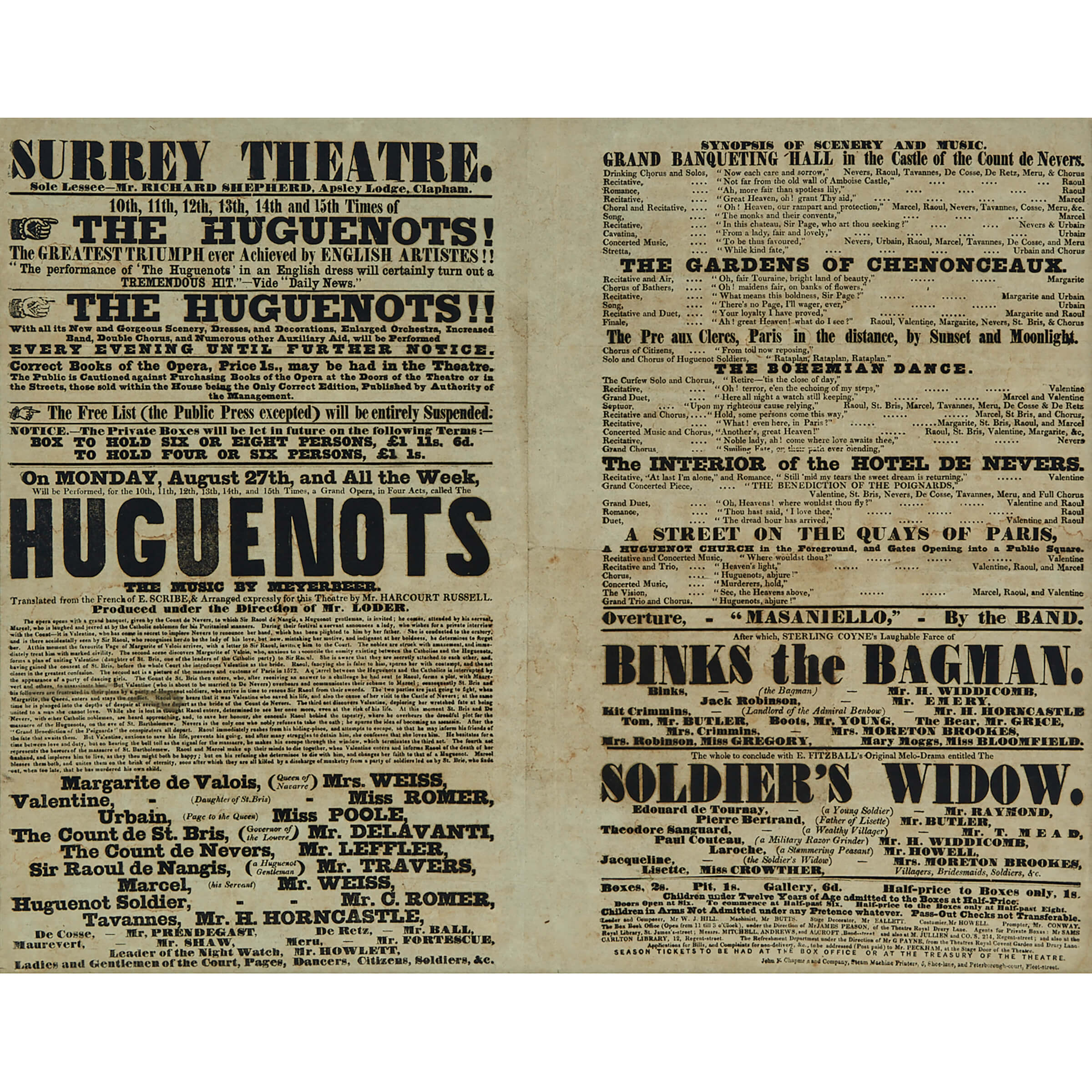 Six Victorian London Theater Broadsheet Playbills, 1849-1861