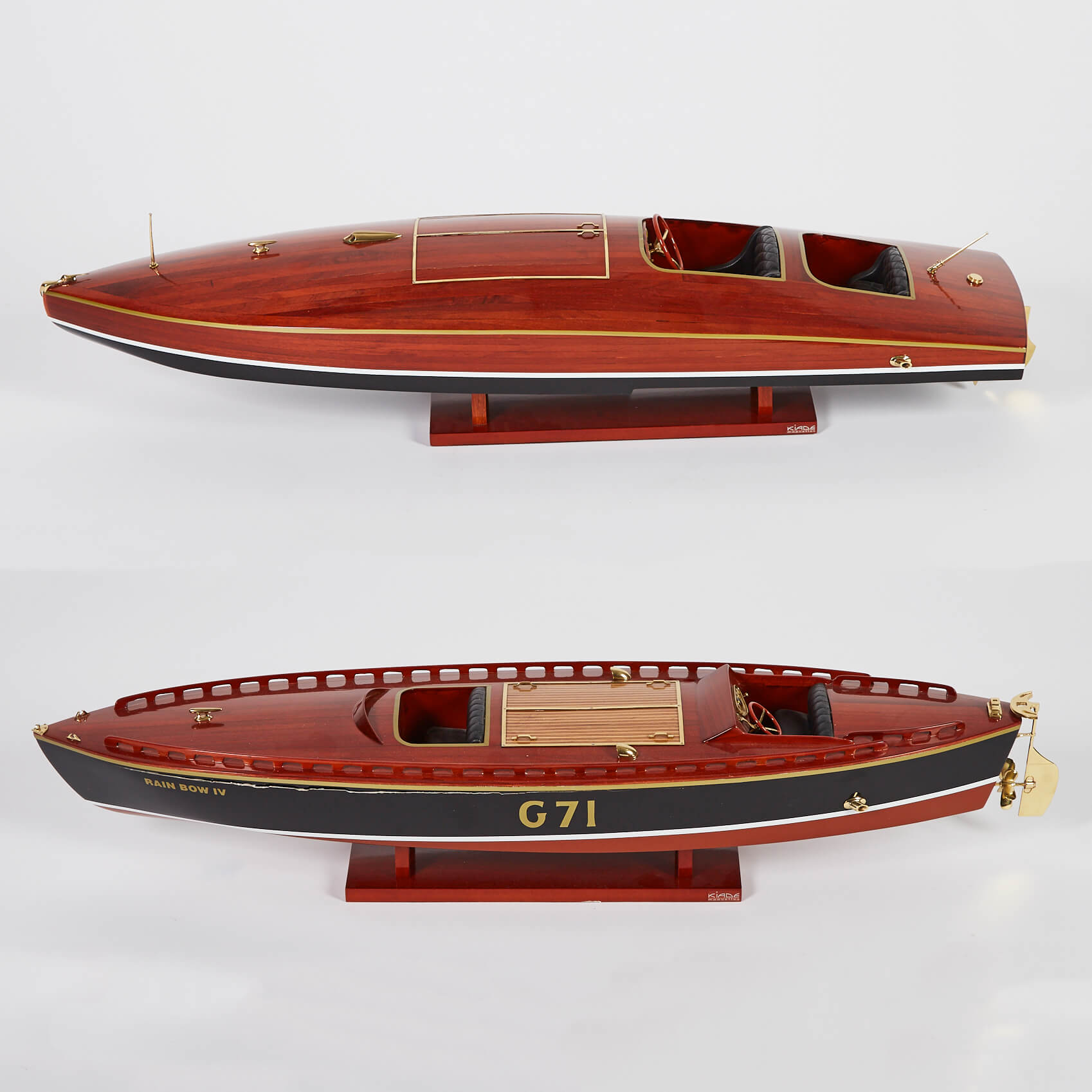 Two Mahogany and Brass Model Boats, Kiade, 20th century