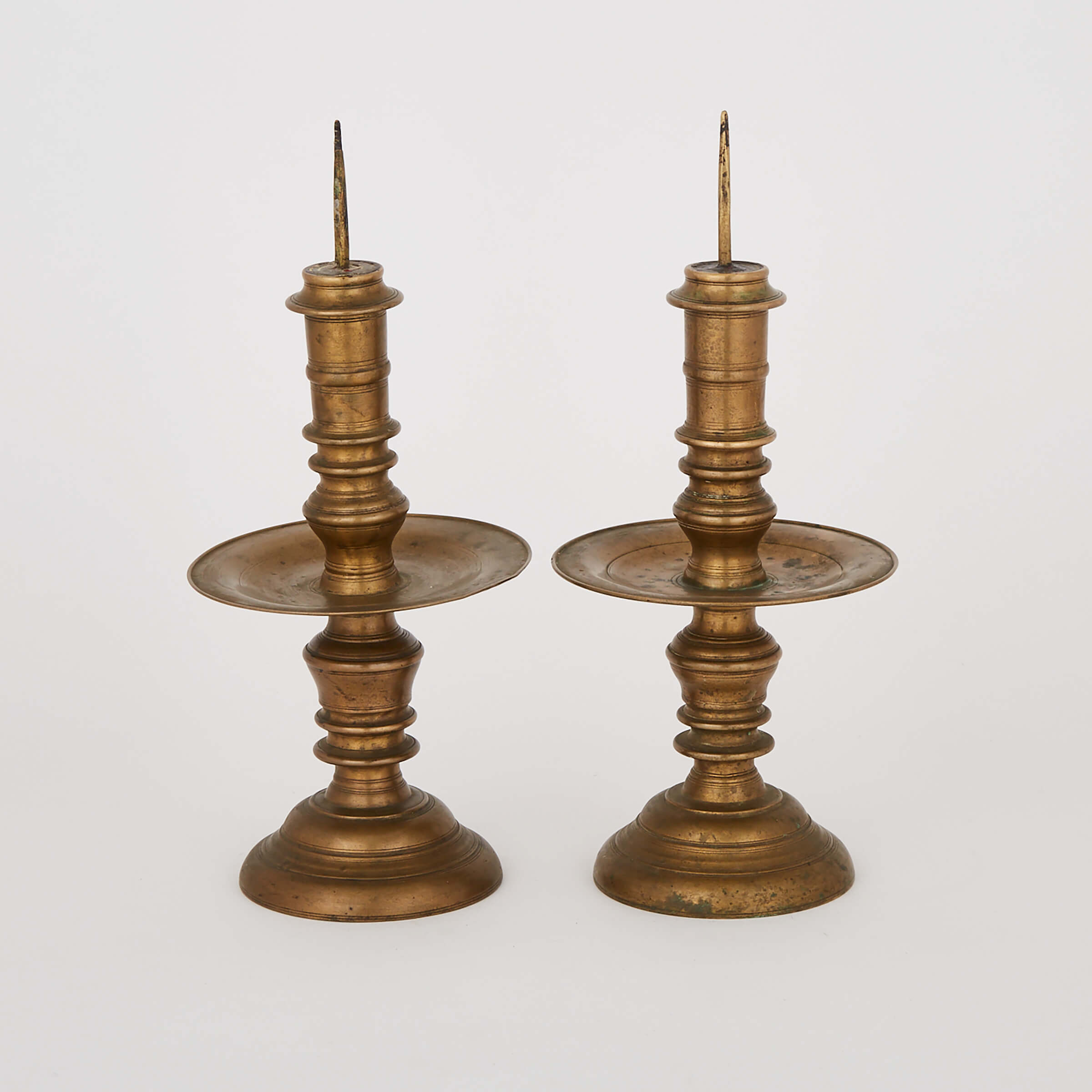 Pair of Southeast Asian Brass Altar Pricket Candlesticks, 19th century or earlier