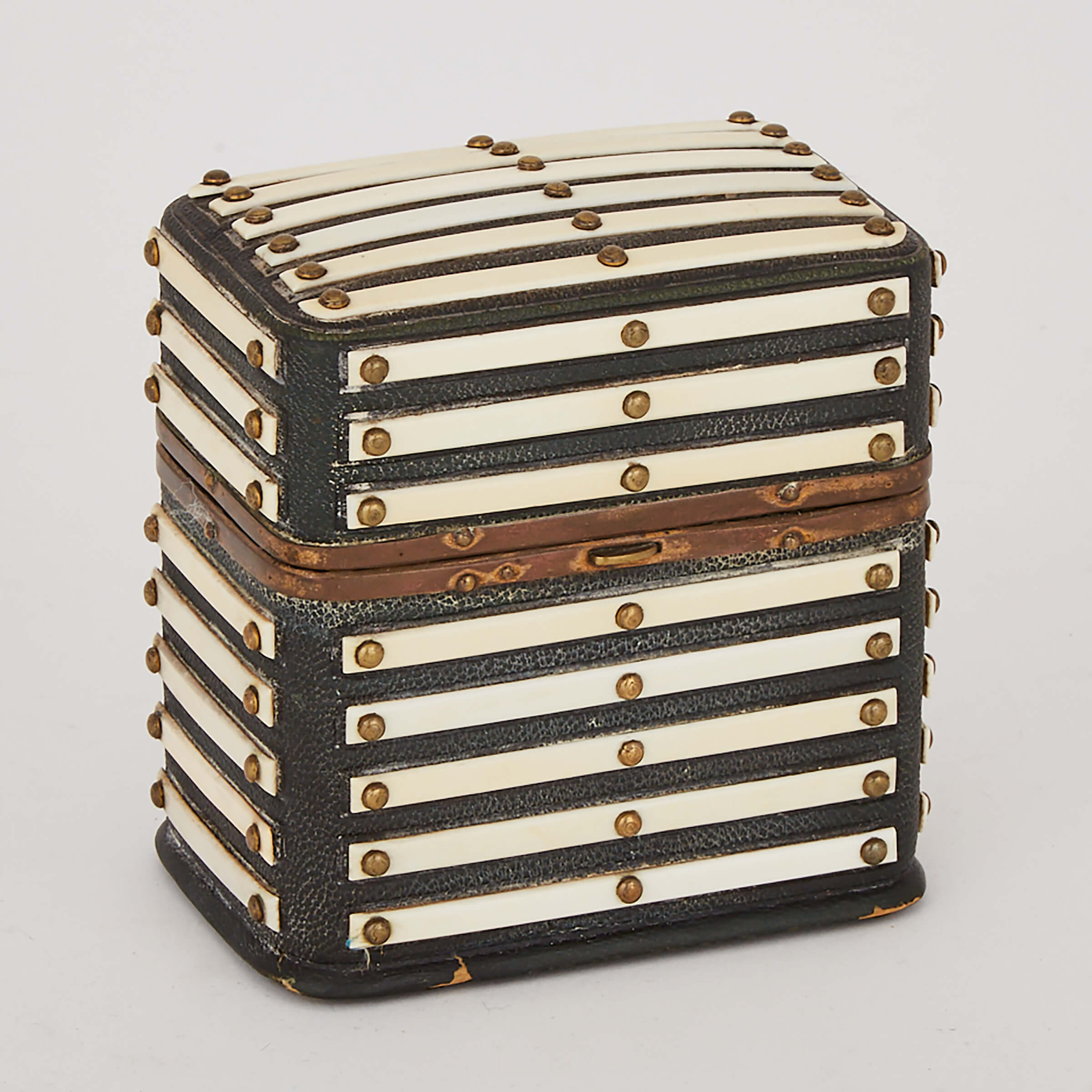 Anglo-Indian Bone Mounted Leather Ink Pot Box, mid 19th century