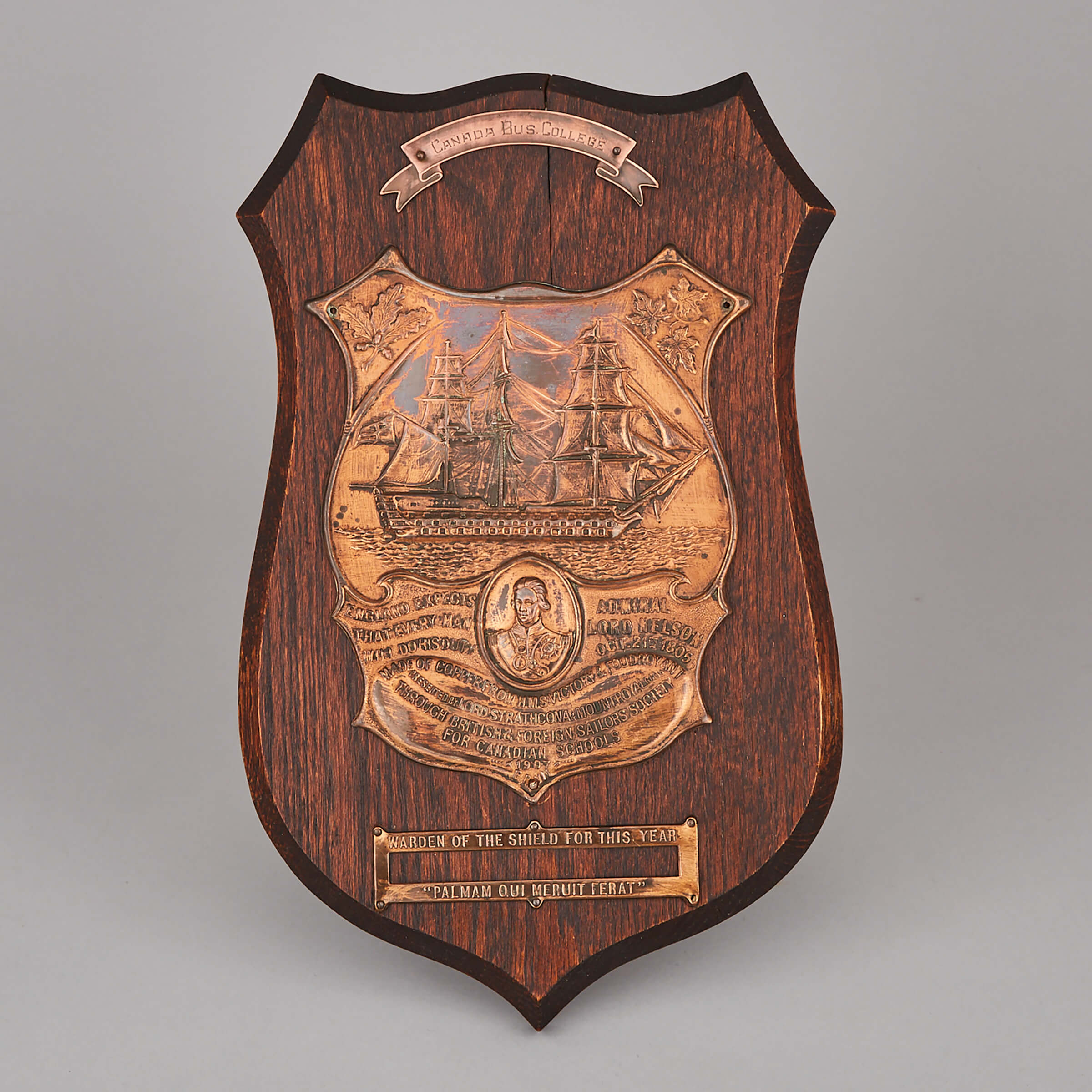 H.M.S. Victory Salvage Ware Copper Mounted Oak Shield Plaque, 1907