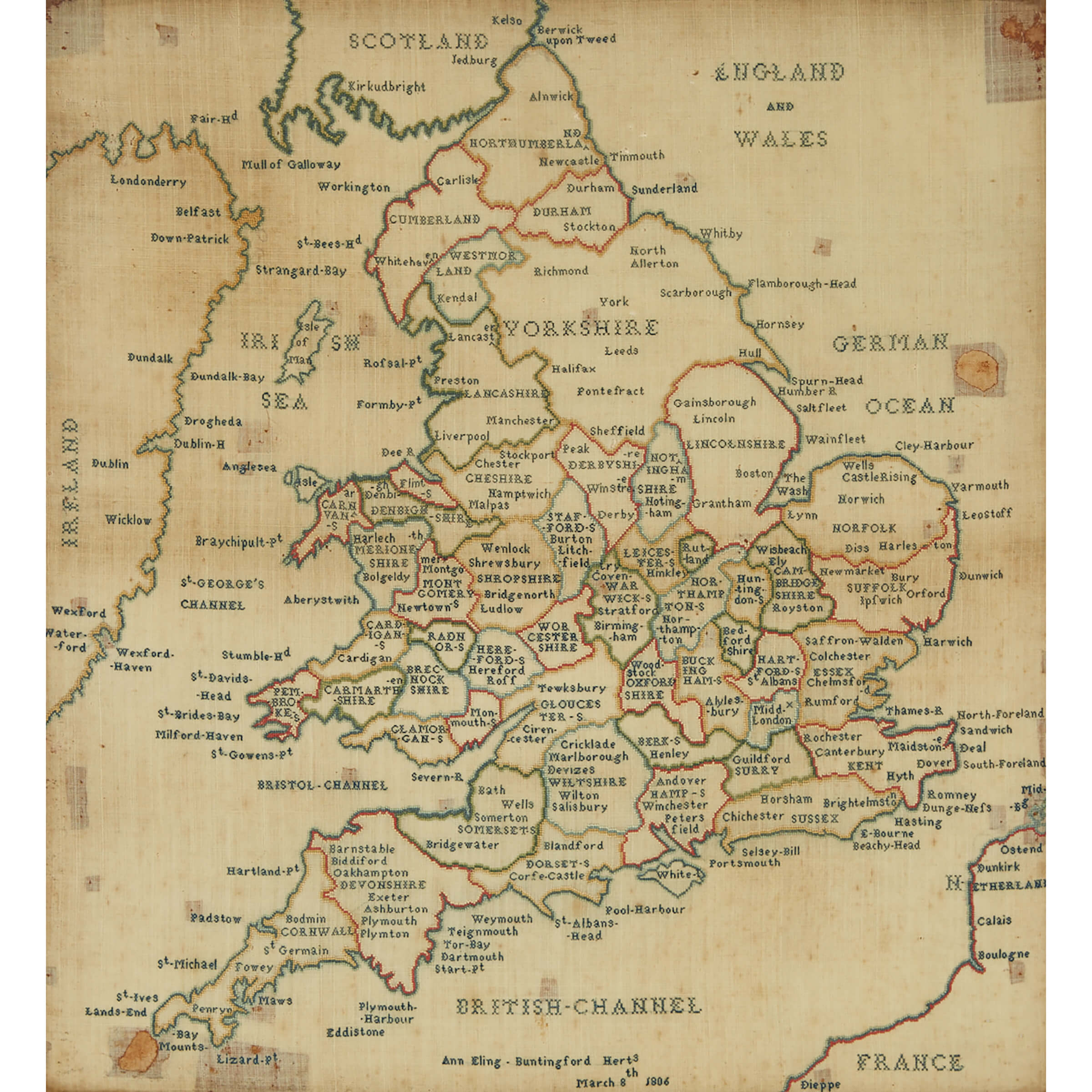 George III Needlework Map of England and Wales, 1806
