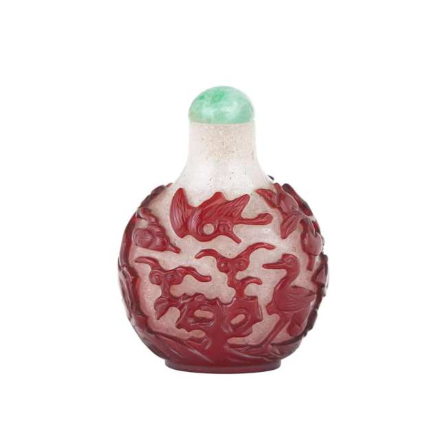 Well-Carved Red Overlay White Peking Glass Snuff Bottle, Circa 1800-1850