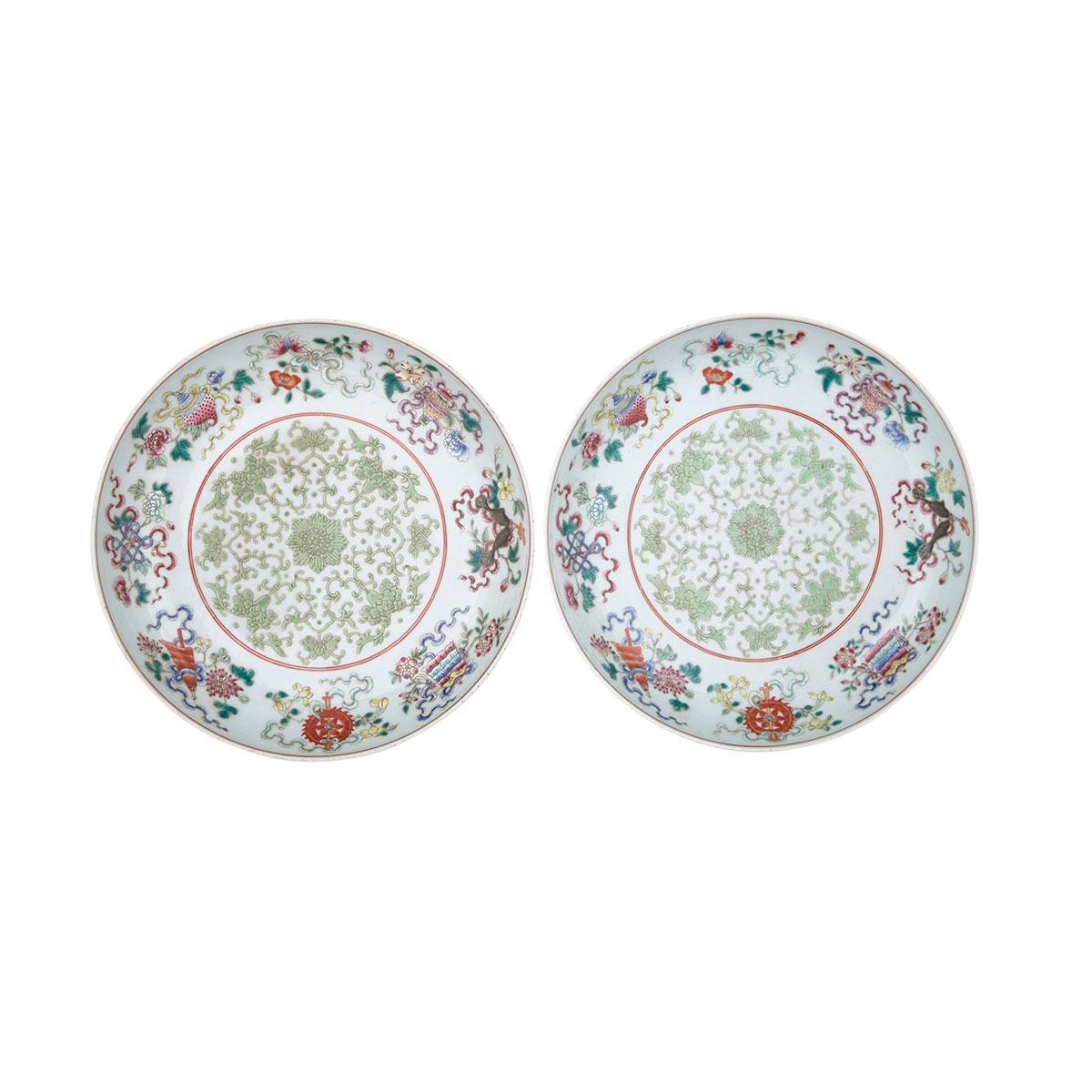 Pair of Famille Rose Buddhist ‘Eight Emblems’ Dishes, Guangxu Mark and Period (1875-1908)