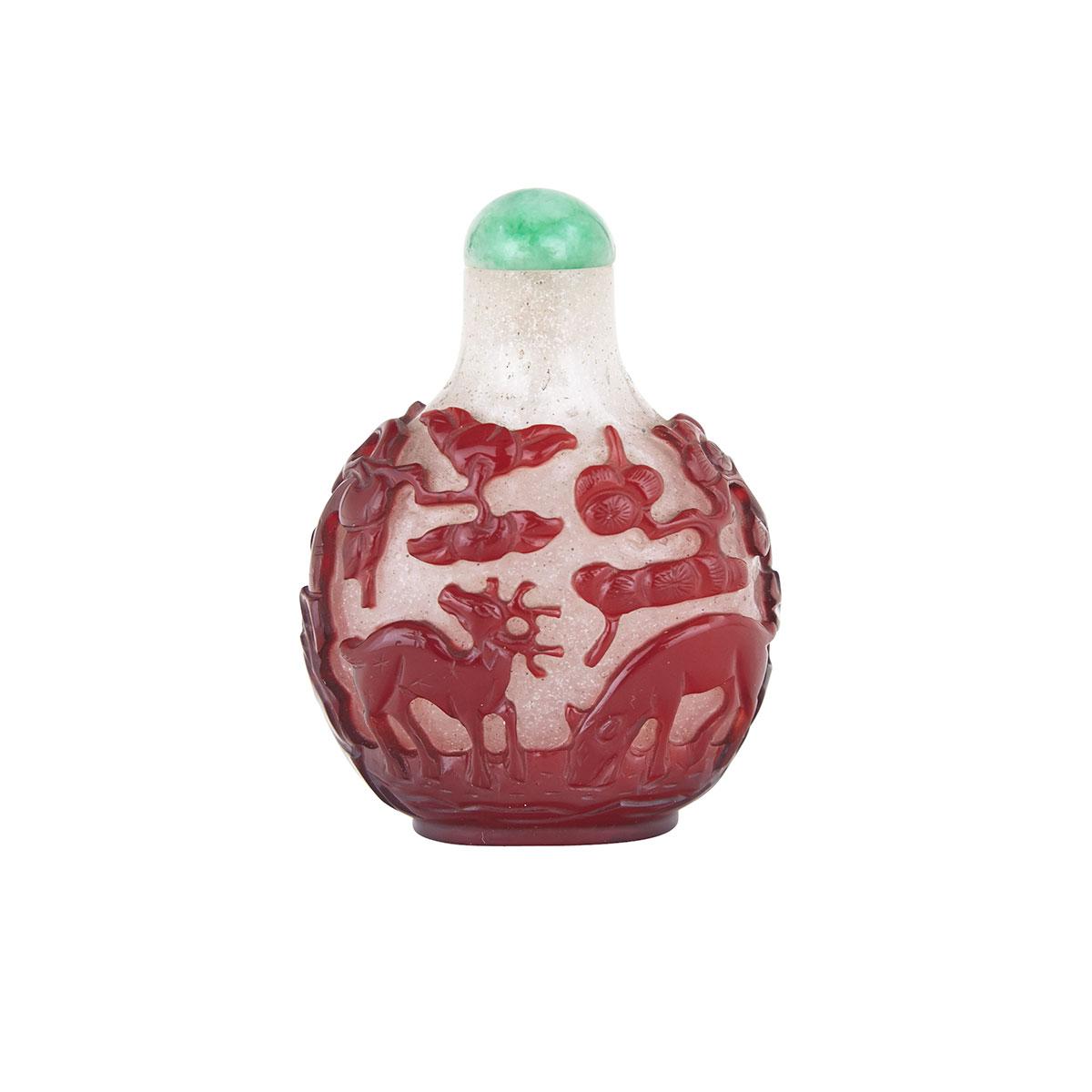 Well-Carved Red Overlay White Peking Glass Snuff Bottle, Circa 1800-1850