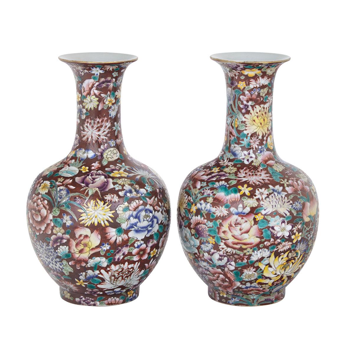 Pair of Millefleur Bottle Vases, Qianlong Mark, Republican Period 
