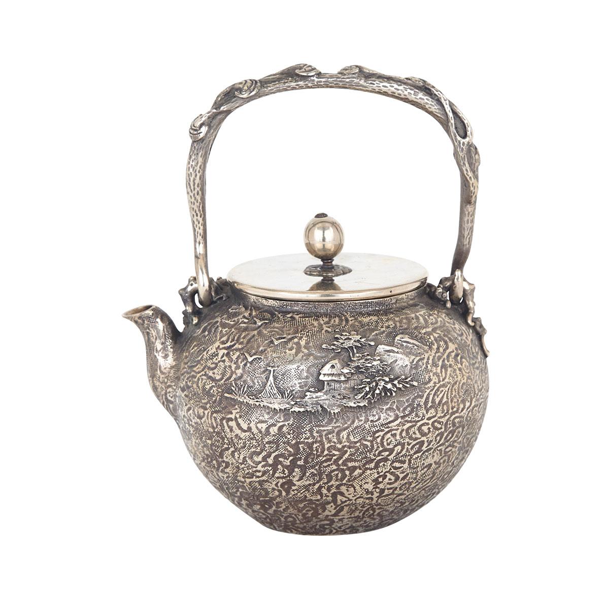 Silvered Bronze Landscape Teapot, Meiji Period, 19th Century
