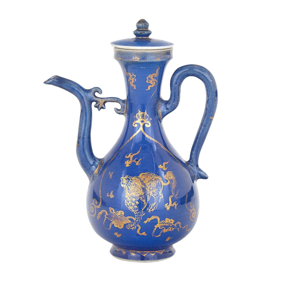 Export Blue and Gilt Wine Ewer and Cover, Kangxi Period (1662-1722)