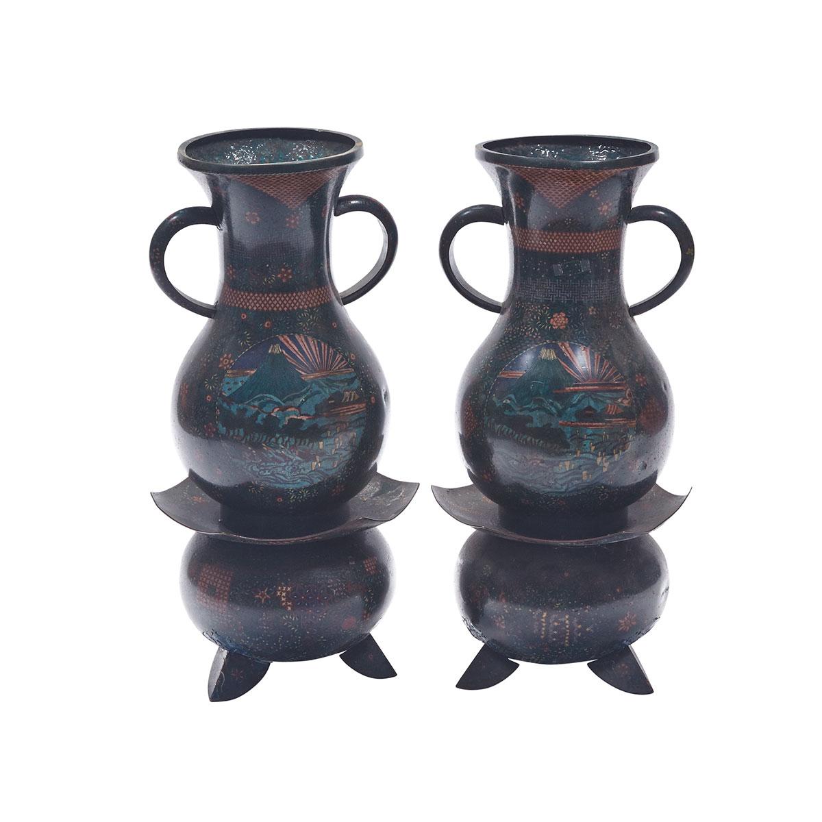 Pair of Unusual Champlevee Enamel Vases, Meiji Period, 19th Century