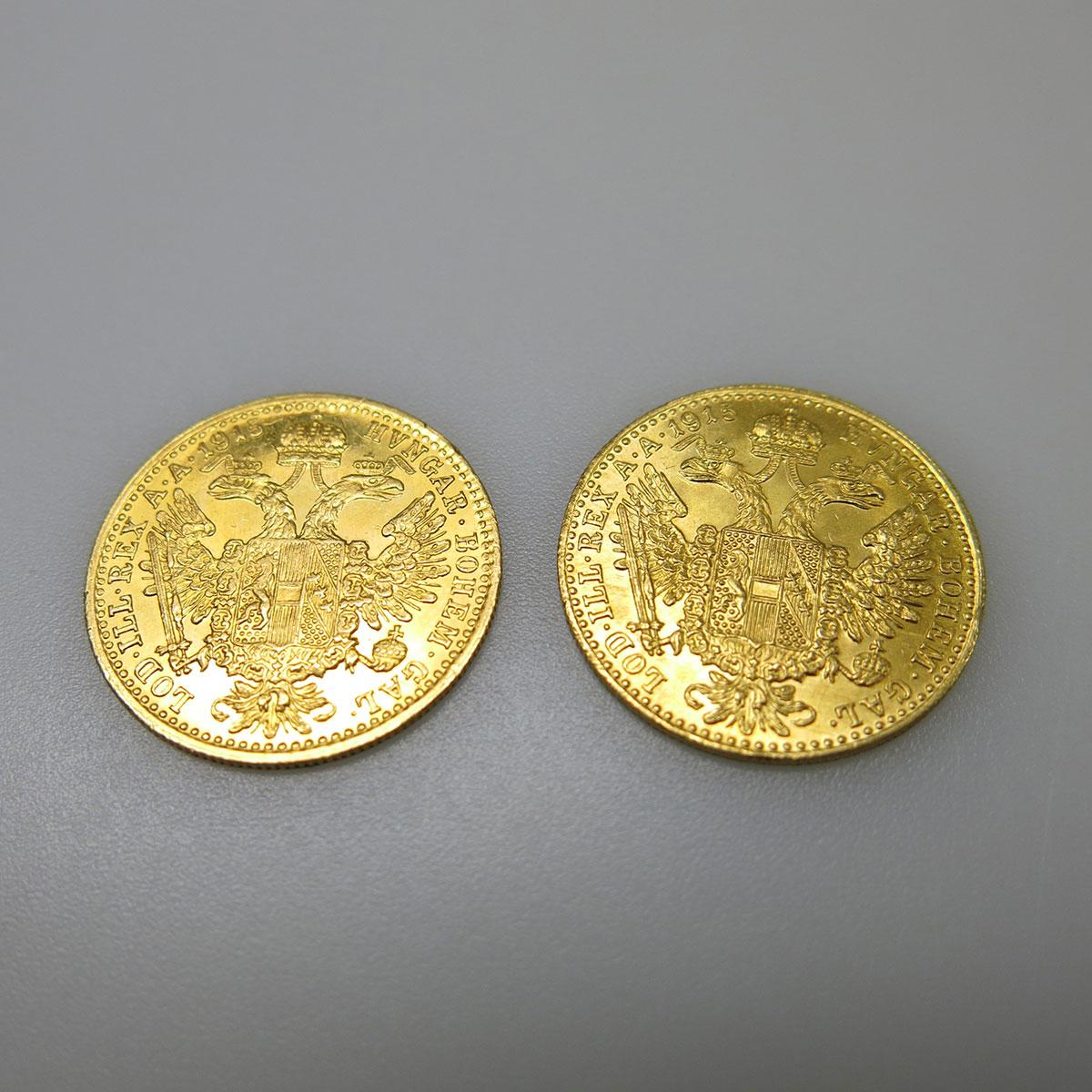 2 X Austrian 1915 Restrike One Ducat Gold Coins