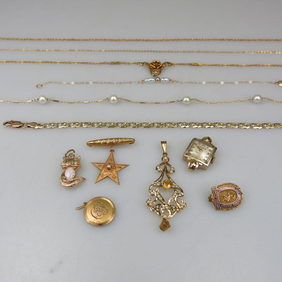 Small Quantity Of Various Gold Chains, Pins And Pendants