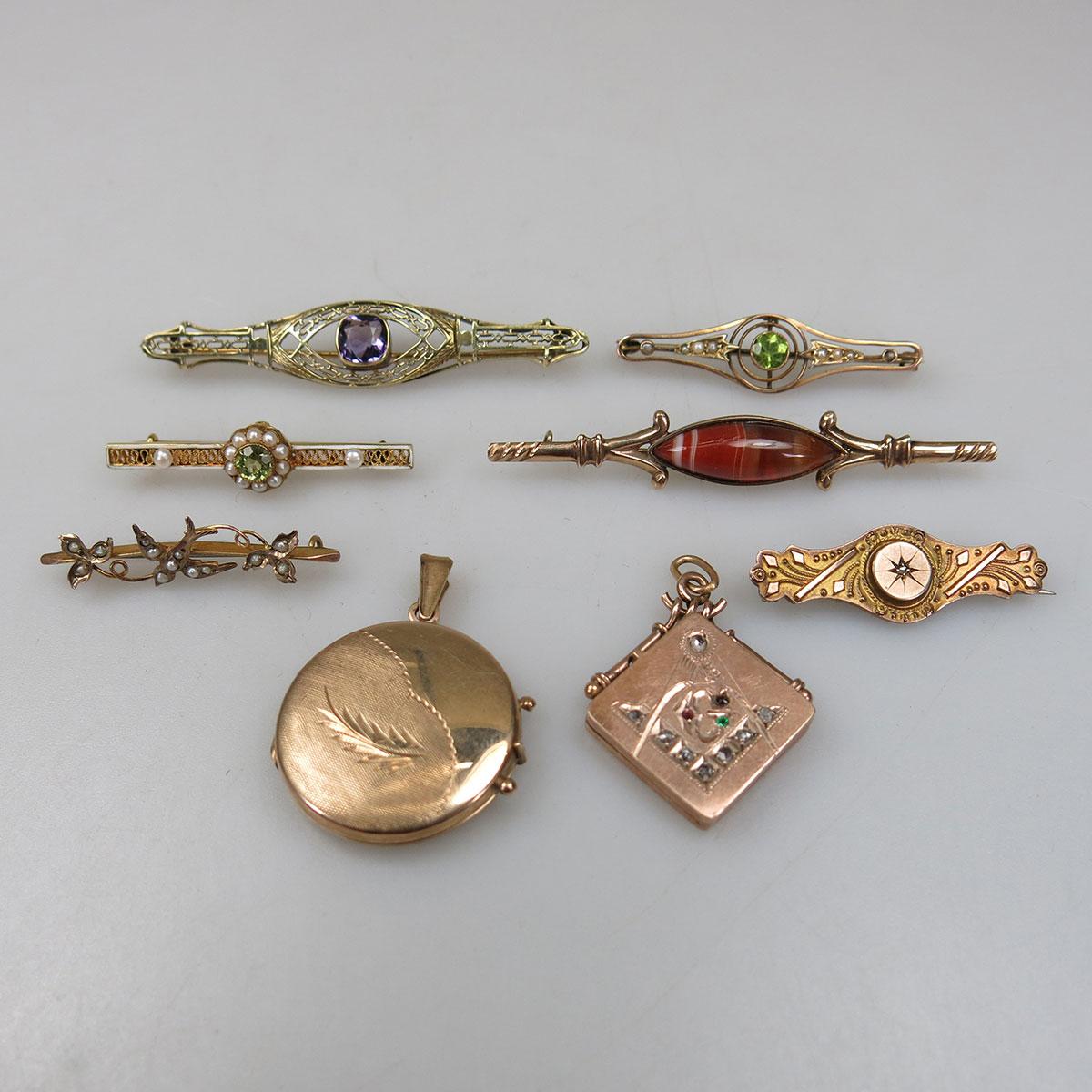 6 Various Gold Bar Pins And 2 Gold Lockets