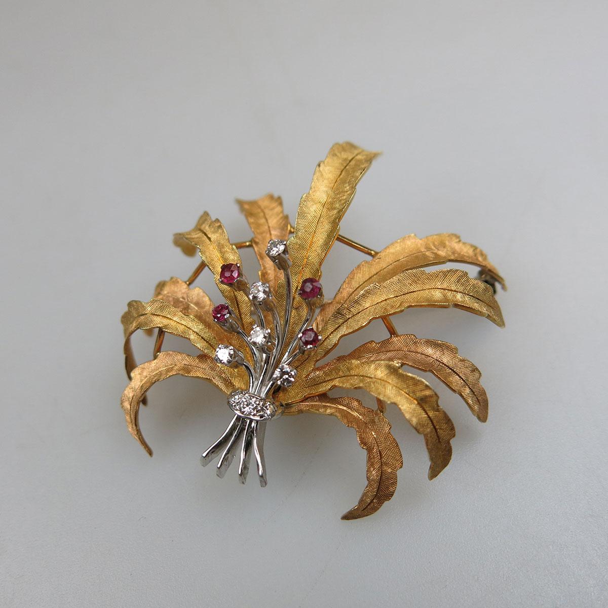 Italian 18k Yellow And White Gold Floral Brooch
