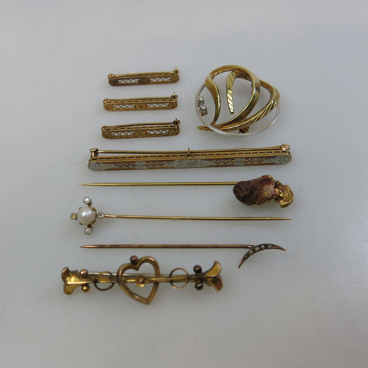 9 Various Gold Pins And Stickpins