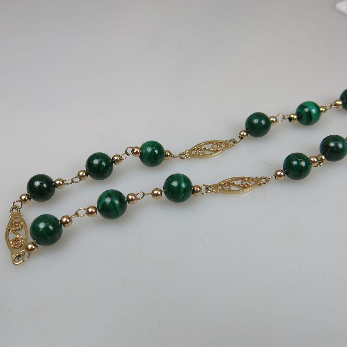 14k Yellow Gold And Malachite Bead Necklace