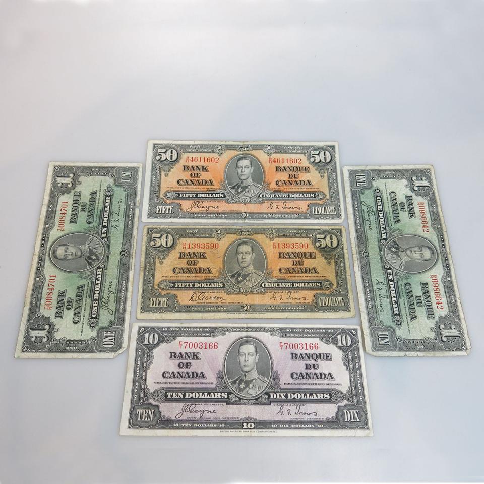 Five Canadian 1937 Bank Notes