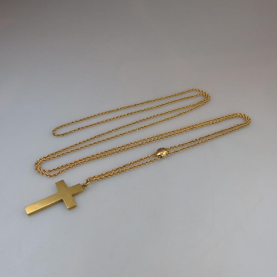 14k Yellow Gold Rope Chain, Slide And Cross Pendant