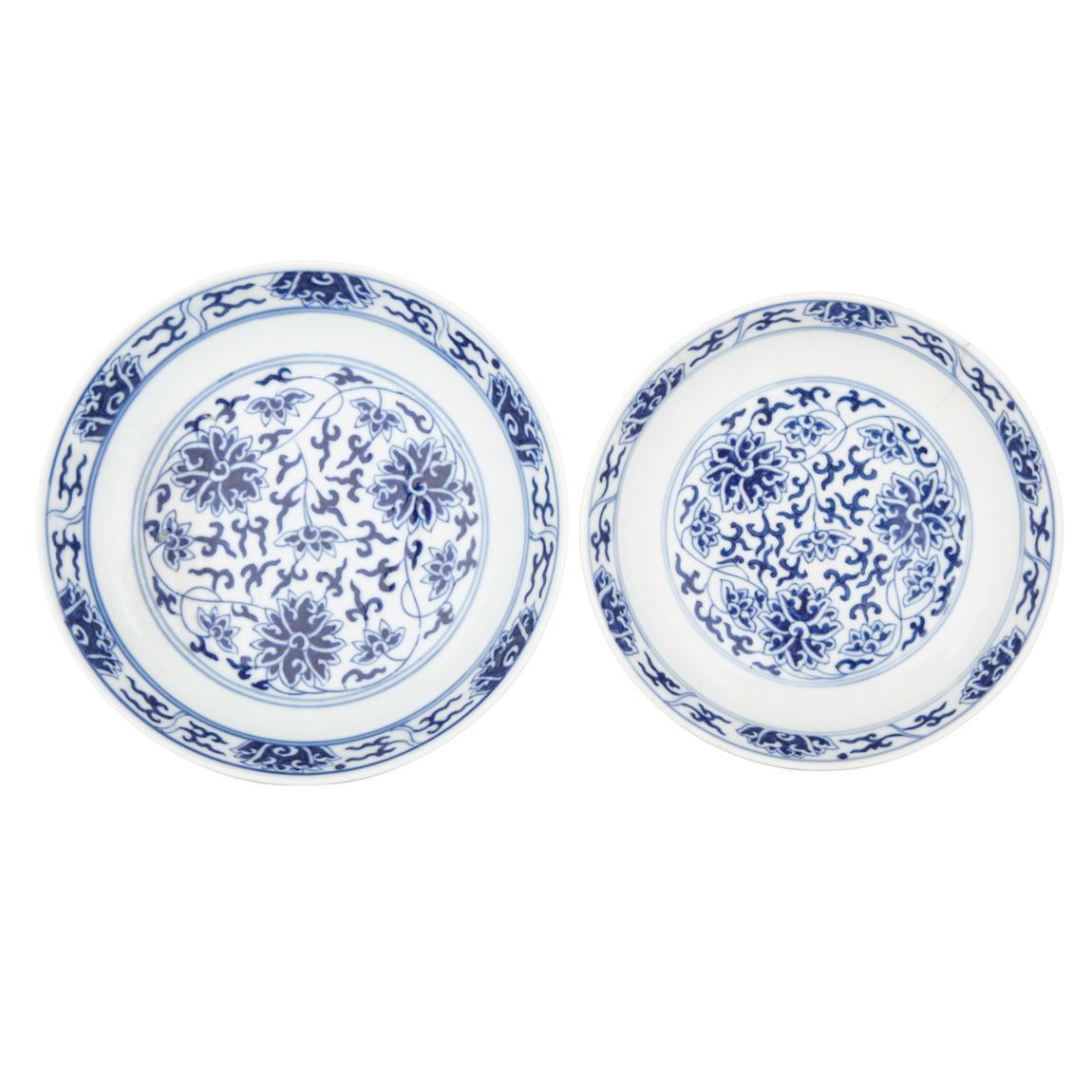 Pair of Blue and White Lotus Dishes, Guangxu Six-Character Marks in Underglaze Blue and of the Period (1875-1908)