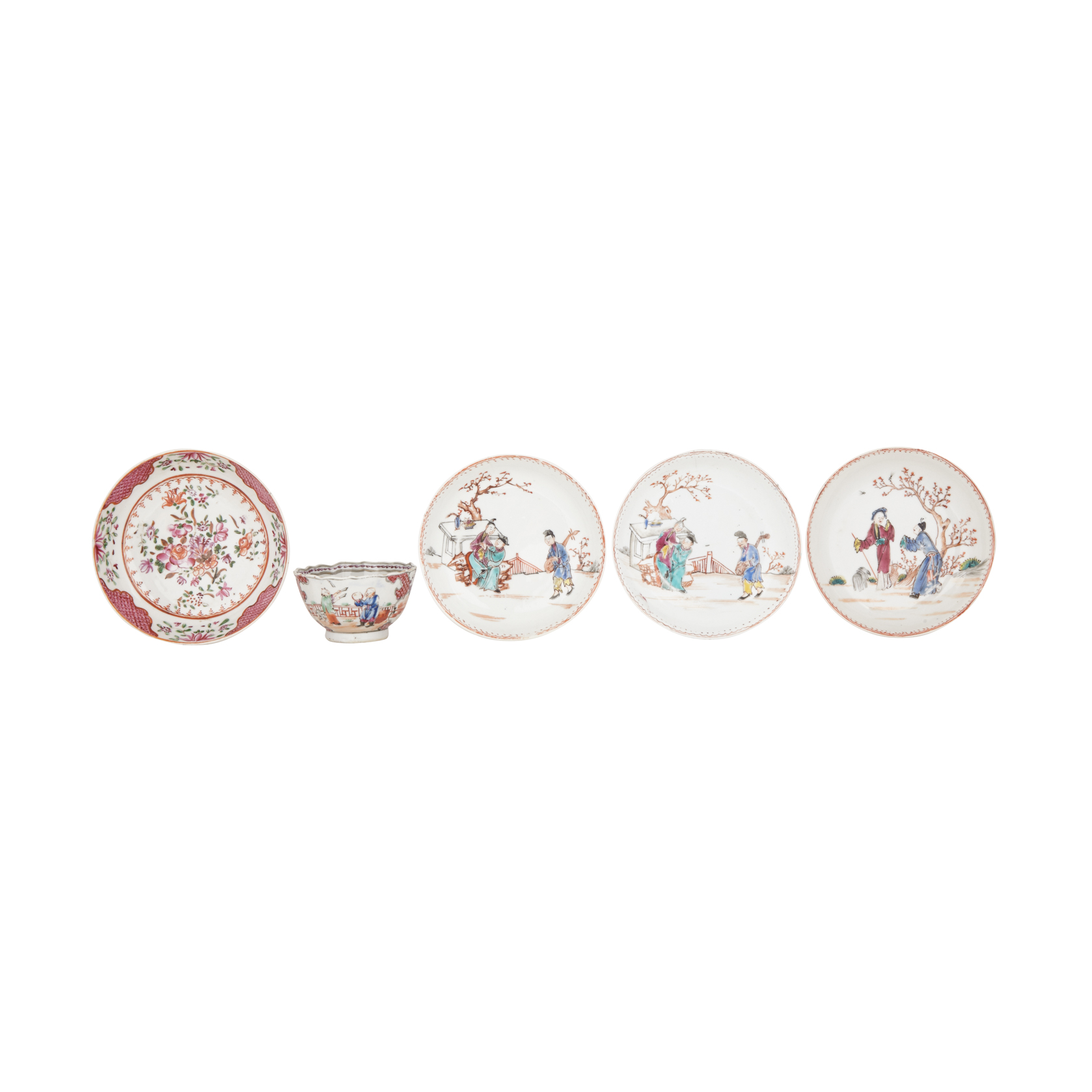 Four Small Dishes together with a Figural Cup, 18th/19th Century
