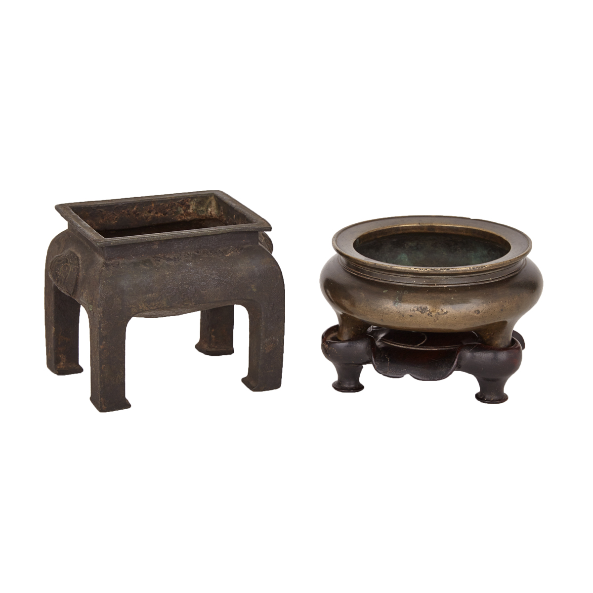 Bronze Censer with Carved Stand together with Four-Footed Bronze Censer