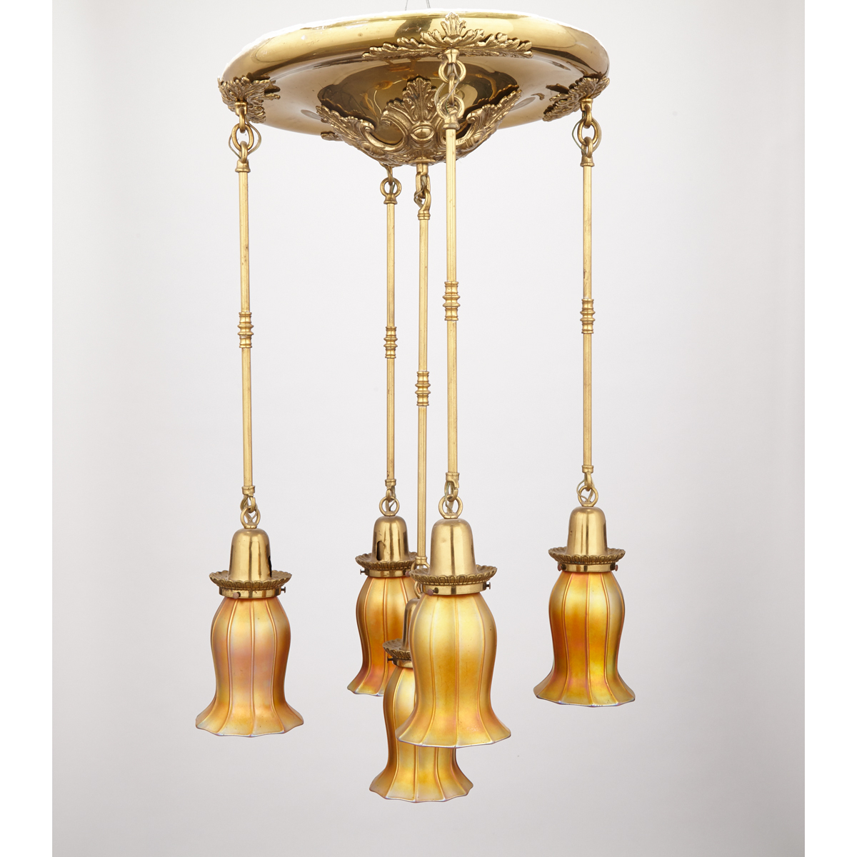 Art Nouveau Lacquered Brass FIve Light Chandelier with Quezal Glass Shades, c.1890