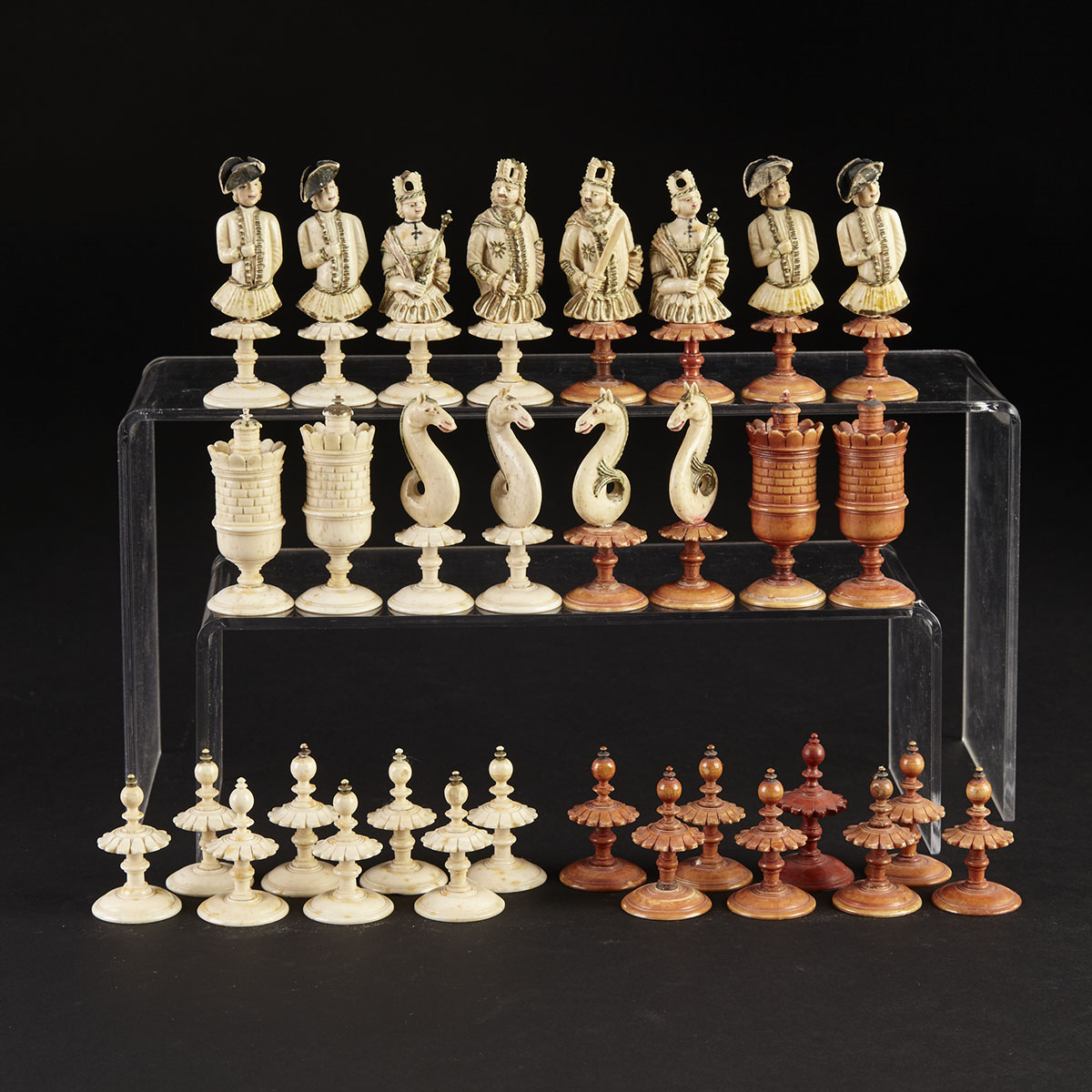 French Carved and Polychromed Bone Figural Chess Set, Dieppe, c.1770 
