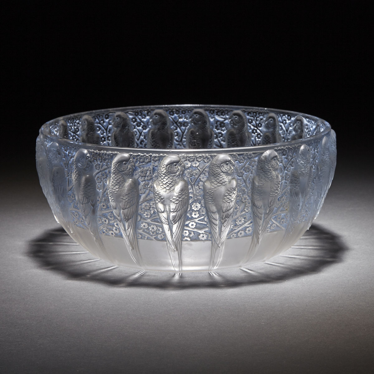 ‘Perruches’, Lalique Frosted and Blue Enameled Glass Bowl, 1930s