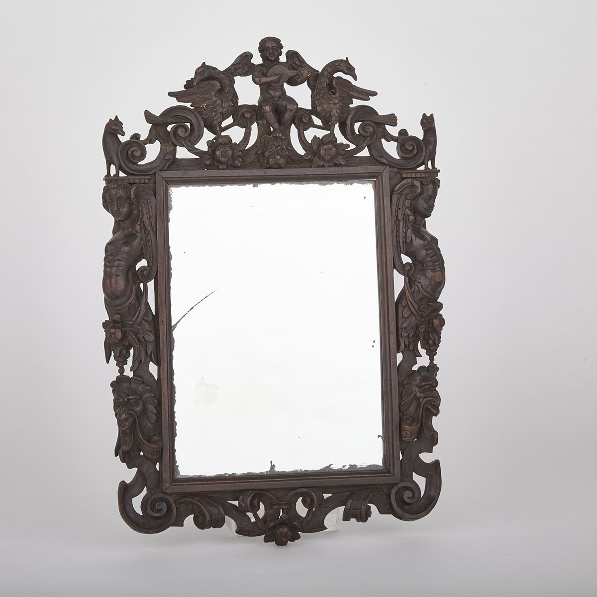 Italian Renaissance Style Carved Walnut Shaving Mirror, mid 19th century