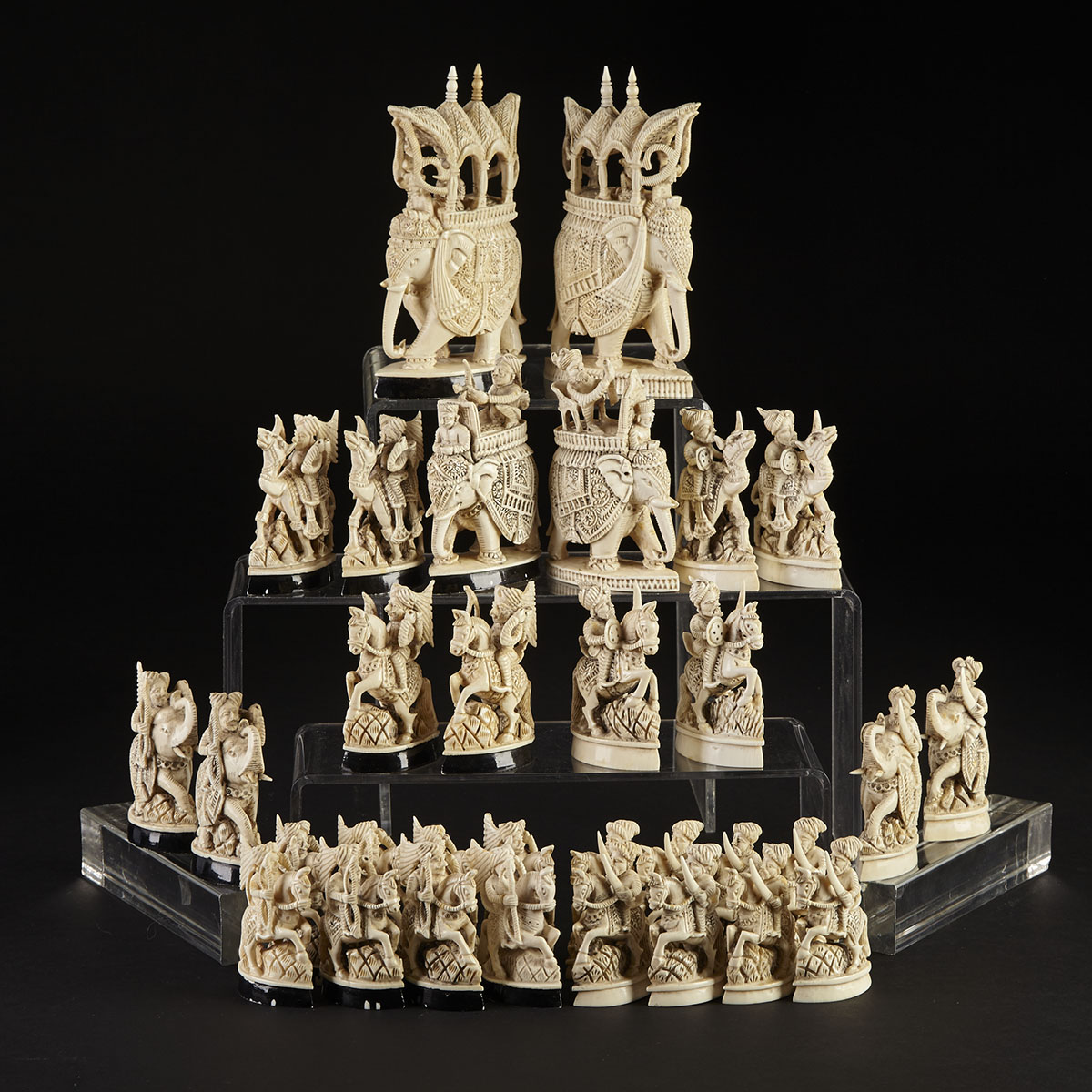 Indian Carved Ivory Figural Chess Set, Rajasthan, 19th century