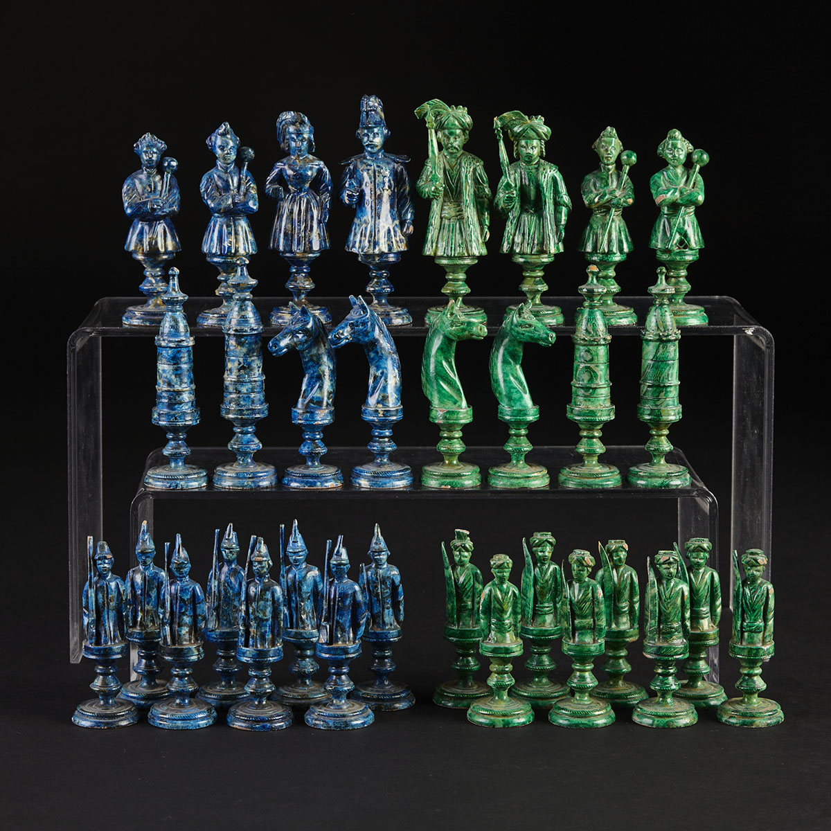 South German Carved and Lacquered Wood ‘Europe vs. Ottoman Empire’ Figural Chess Set, 19th century