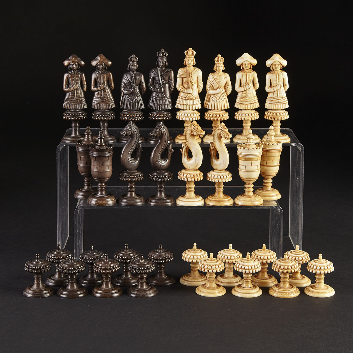 German 18th century Style Carved Ivory Figural Chess Set, 1st half, 20th century