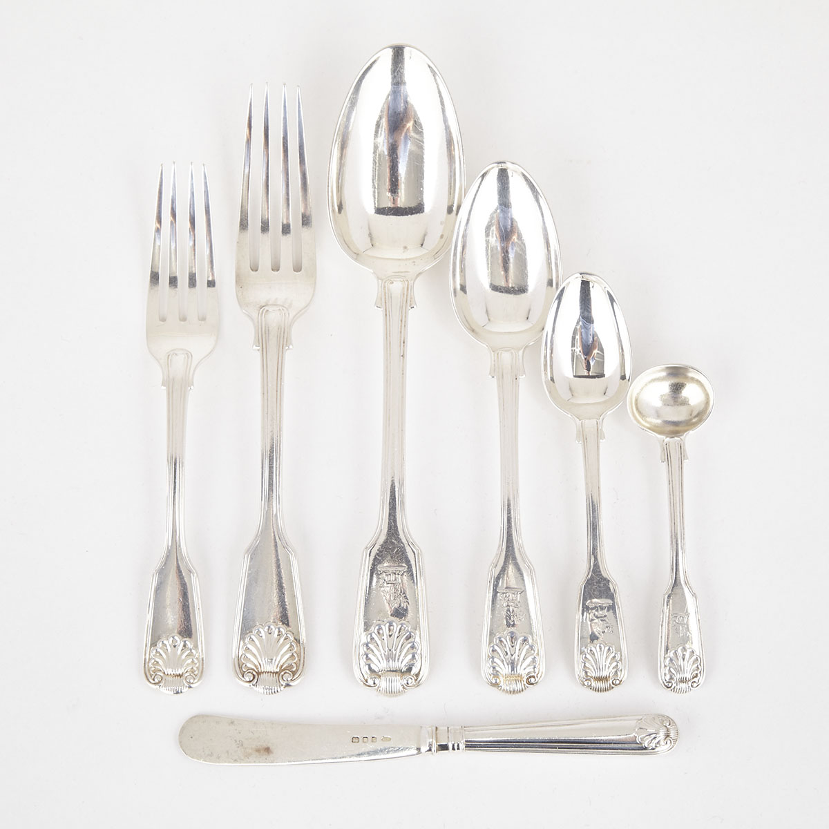 Victorian Silver Assembled Fiddle, Thread and Shell Pattern Flatware Service, mainly Elizabeth Eaton London 1856, 1857 and later