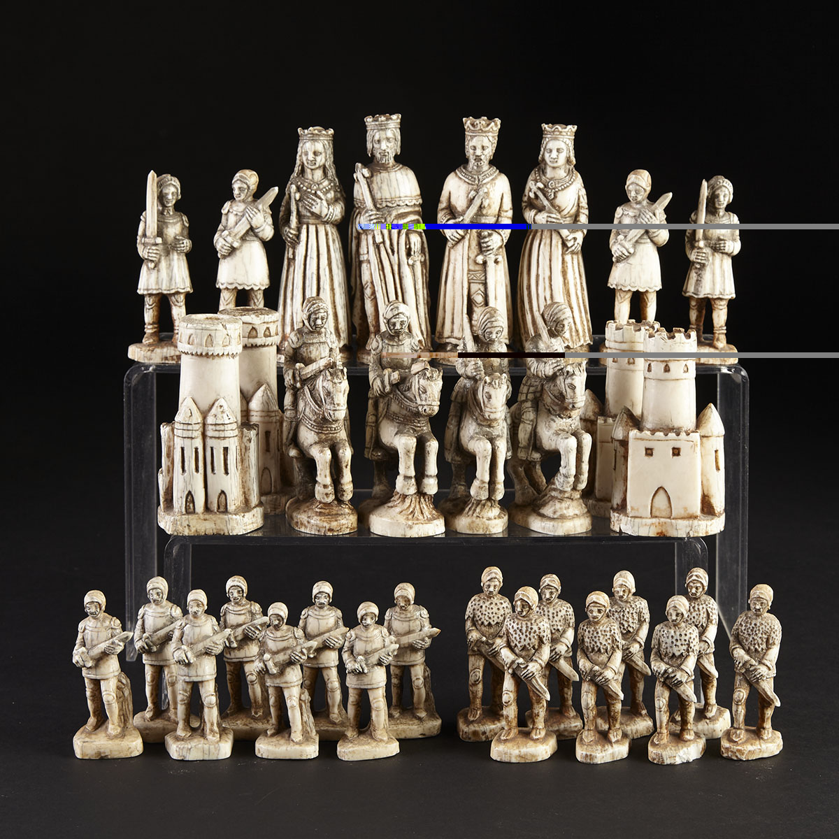 French Carved Ivory Renaissance Style Figural Chess Set, mid 20th century