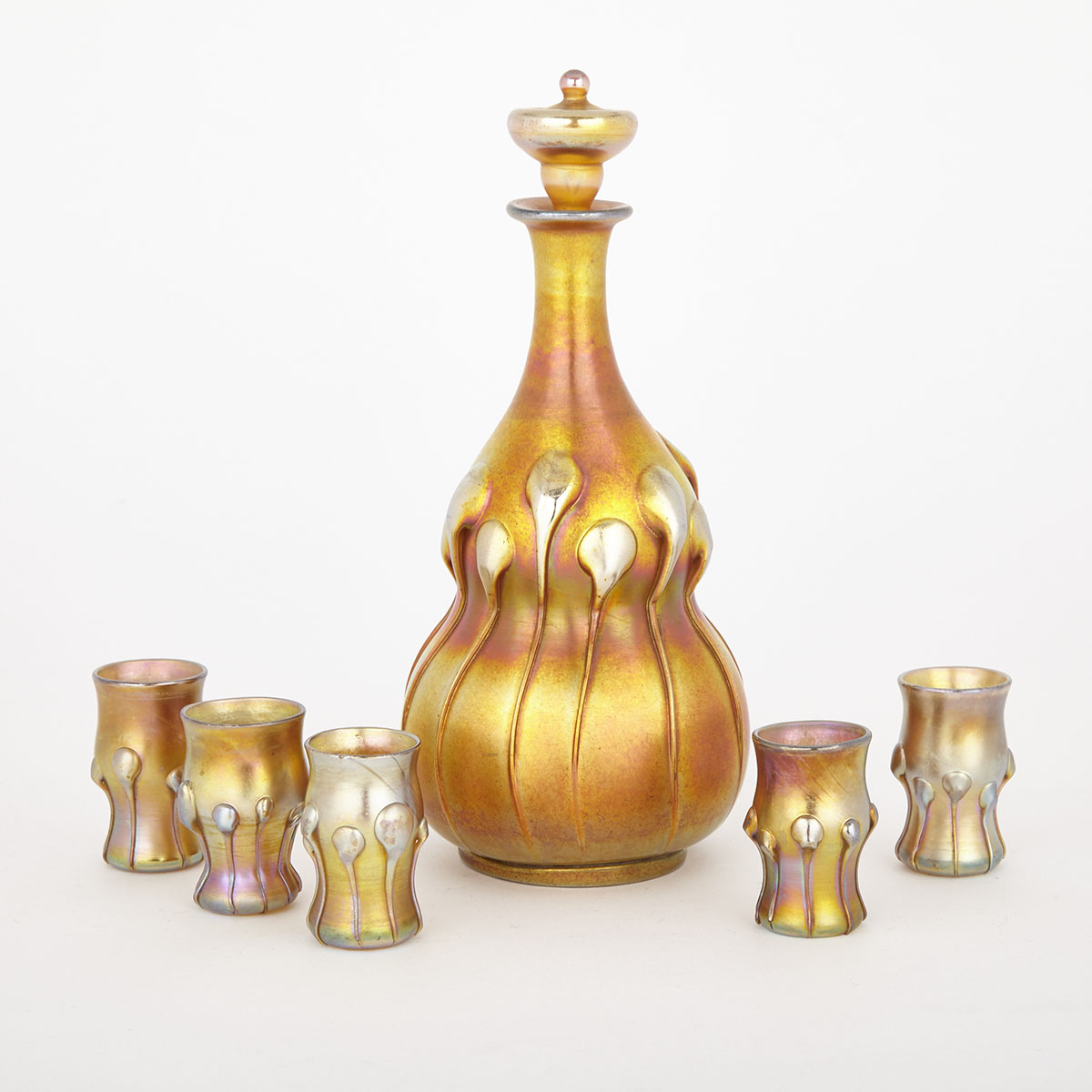 Tiffany ‘Favrile’ Iridescent Glass Decanter and Five Glasses, early 20th century