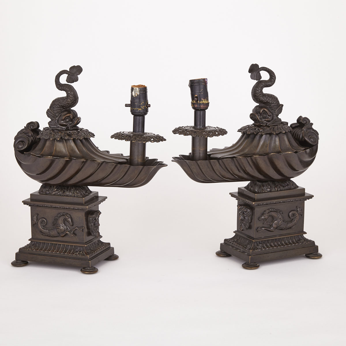 Pair of English Regency Patinated Bronze Argand Type Colza Oil Lamps, early 19th century