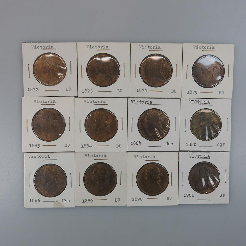 Twelve Victorian British Pennies