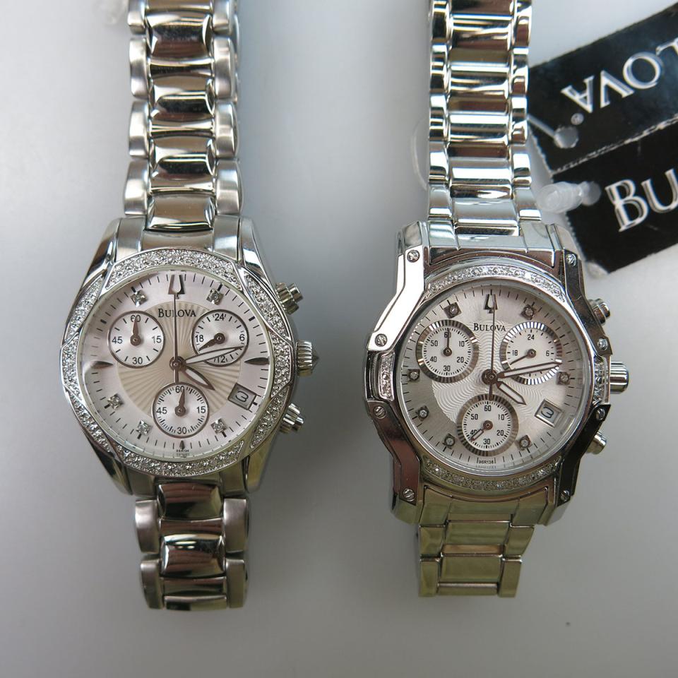 Two Bulova Wristwatches With Date, Chronograph And Second Time Zone