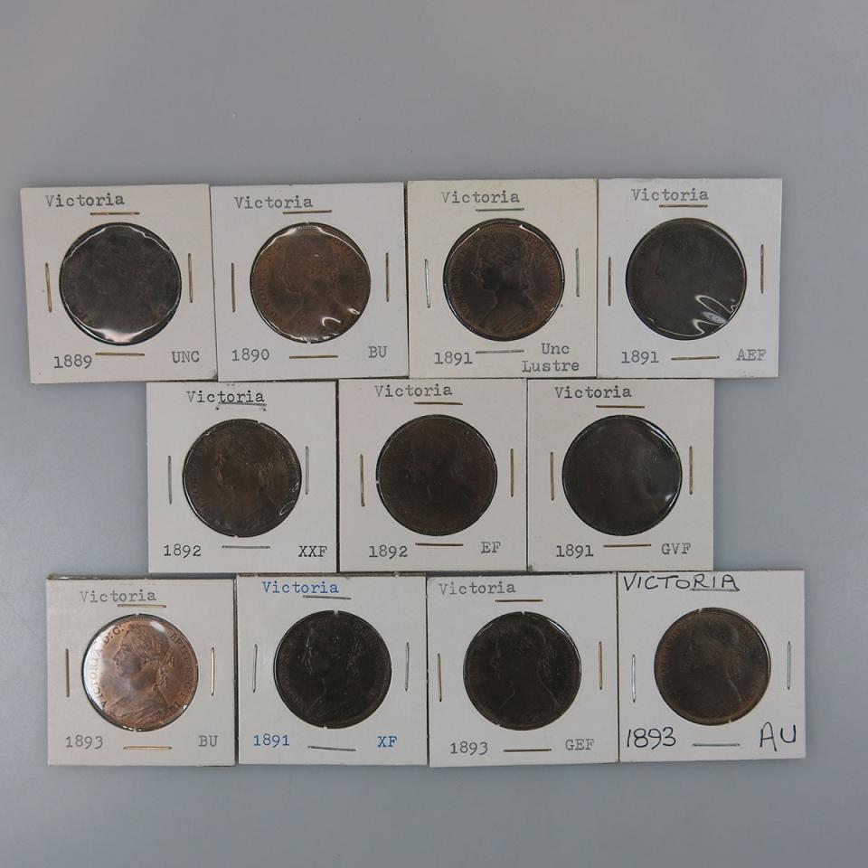 Eleven Victorian British Pennies
