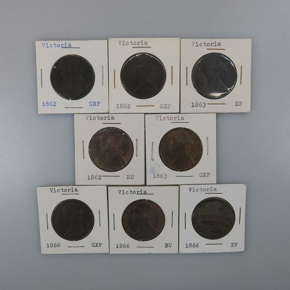 Eight Victorian British Pennies