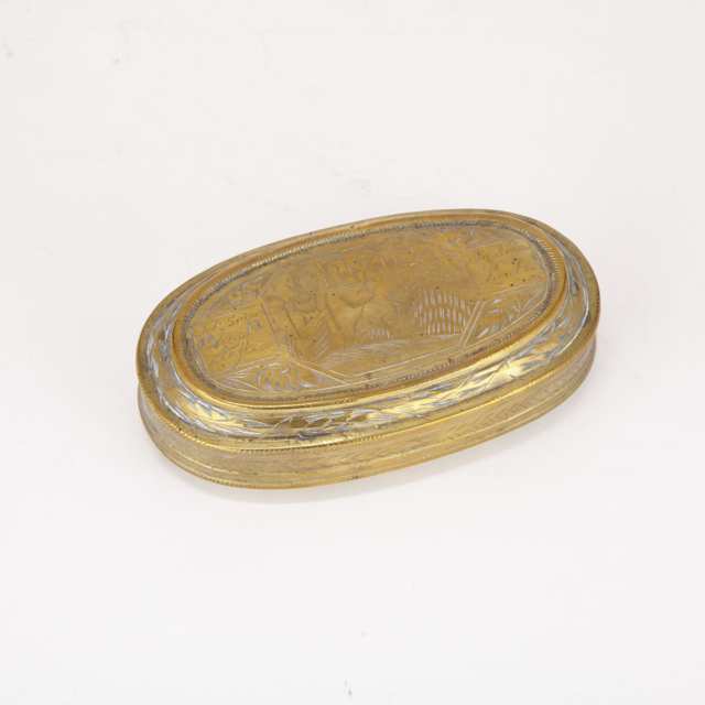 Dutch Oval Engraved Brass Tobacco Box, 18th century