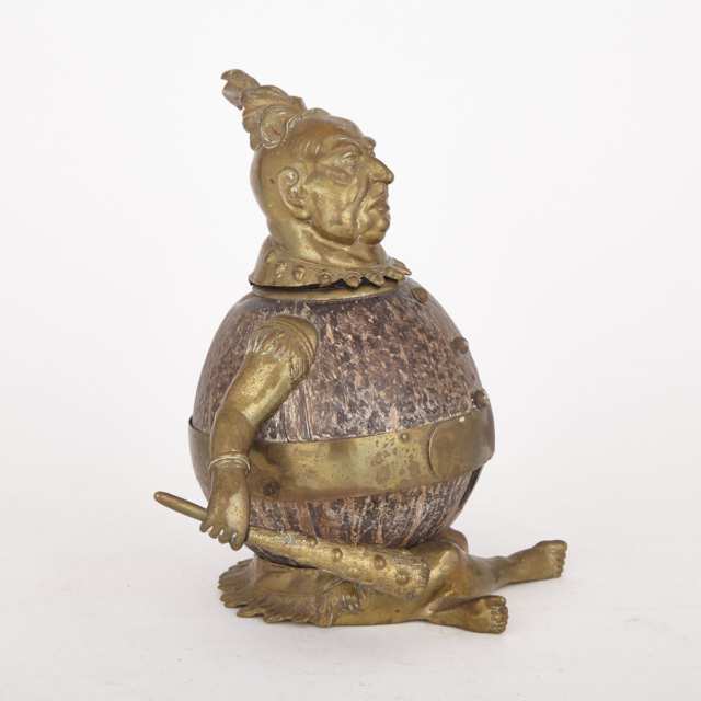 Brass Mounted Coconut Figural Inkwell with Call Bell, early 20th century