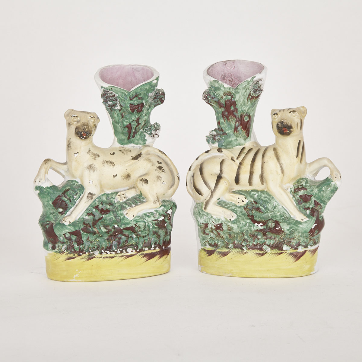 Pair of Staffordshire Leopard and Tiger Spill Vases, 19th century