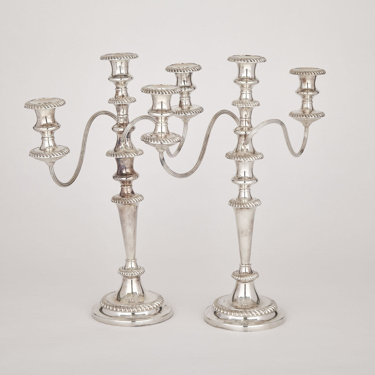 Pair of English Silver Plated Three-Light Candelabra, Ellis-Barker Co., 20th century 