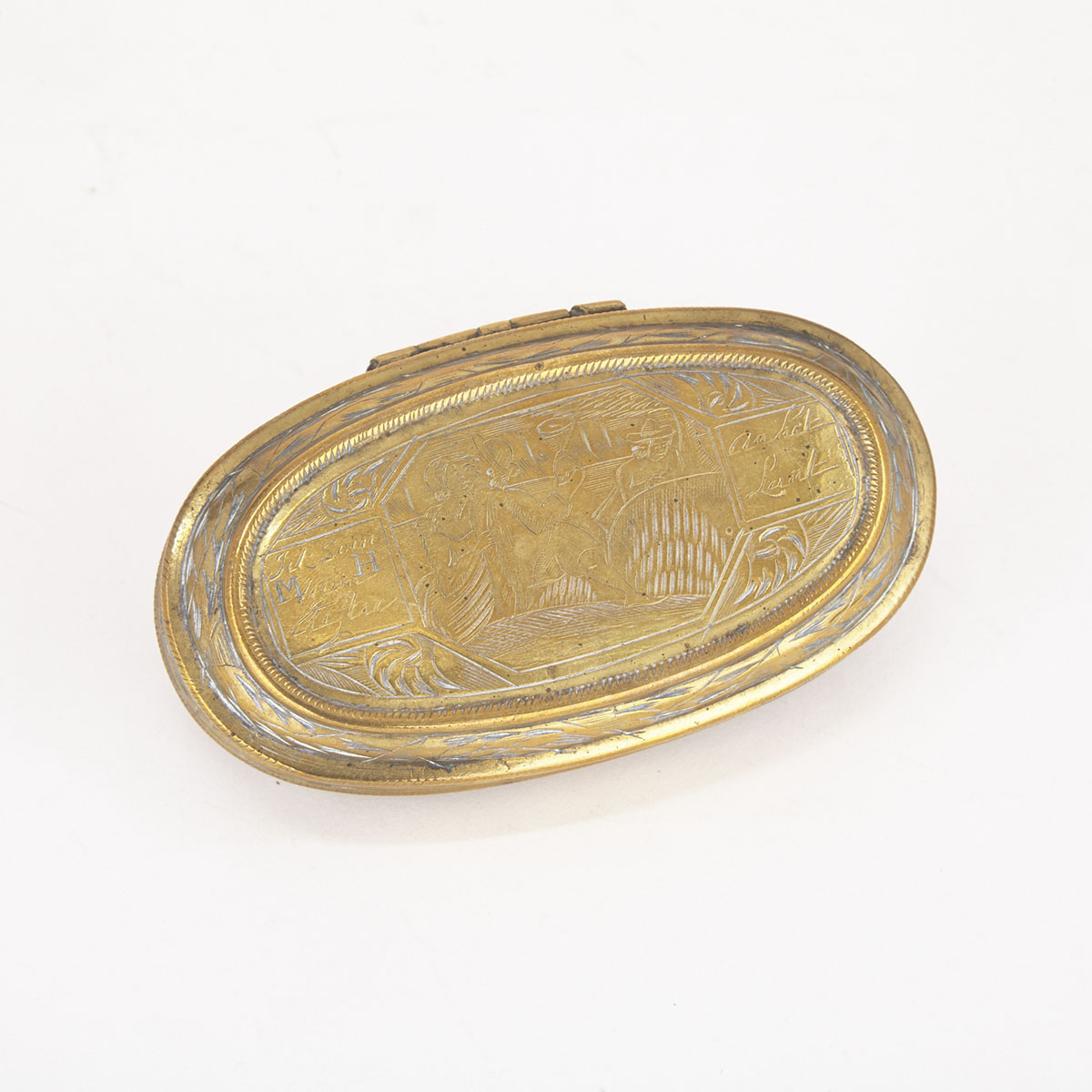 Dutch Oval Engraved Brass Tobacco Box, 18th century