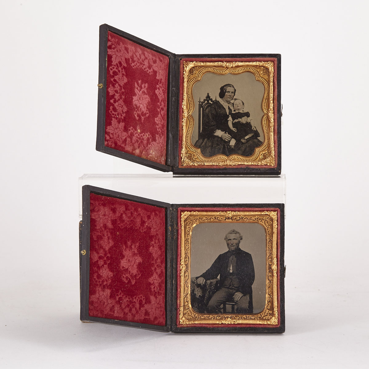 Pair of Victorian Sixth Plate Ambrotype Portrait Photographs of Husband and Wife with Post Mortem Child, c.1860 