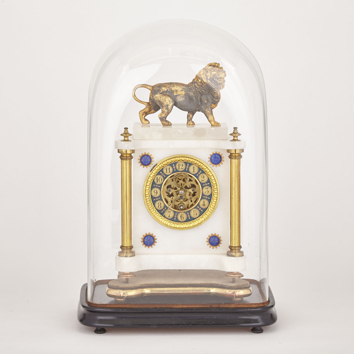 French Alabaster and Gilt Metal Skeletonized Mantle Clock with Lion Surmount, c.1870