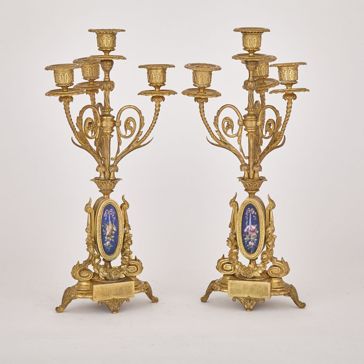 Pair of French Aesthetic Movement Porcelain Mounted Gilt Bronze Mantel Candelabra, 19th century