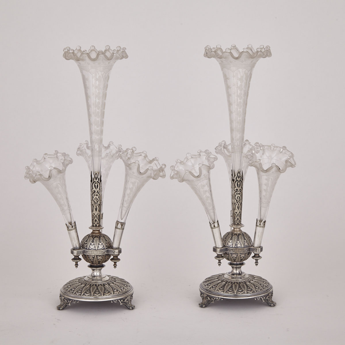 Pair of Victorian Egyptian Revival Silver Plate and Etched Glass Epergnes, probably Henry Wilkinson & Co., c.1880